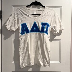 American Apparel White Tee with Blue Alpha Delta Pi sorority stitched Letters